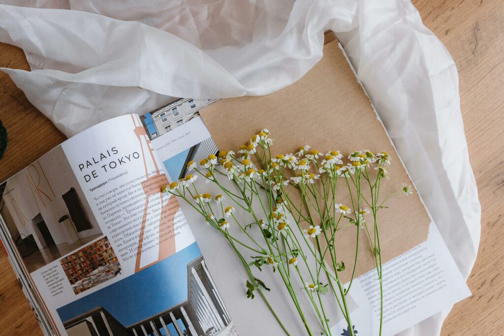 pexels photo 27649911 27649911 Charming flat lay of a magazine, chamomile flowers, and fabric on a wooden surface.